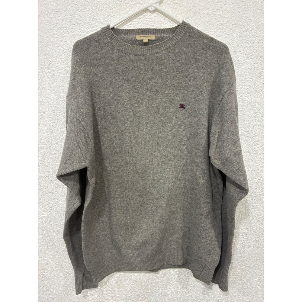 Burberry London Gray Merino Wool Crew Neck Logo Pullover Sweater Men's Size L